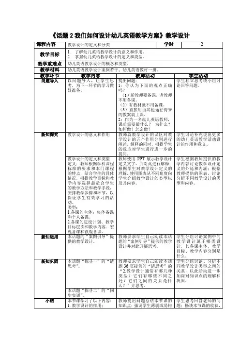 《幼儿英语教学活动设计与指导》话题2探寻一教学设计的定义和分类教学设计