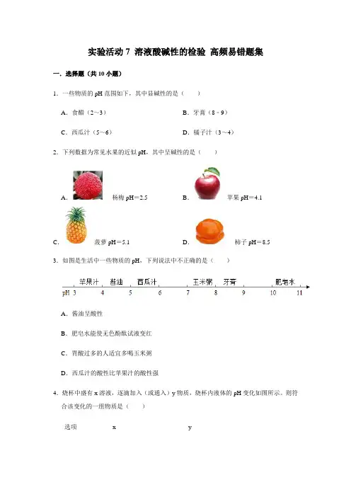实验活动7 溶液酸碱性的检验 高频易错题 2020-2021学年人教版化学九年级下册