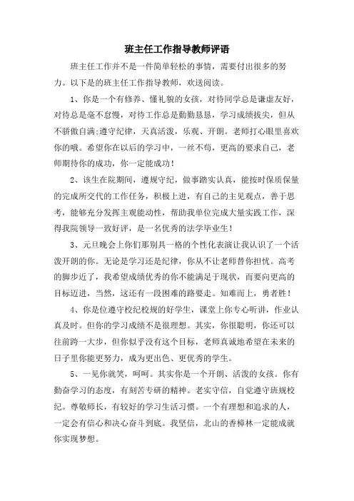 班主任工作指导教师评语