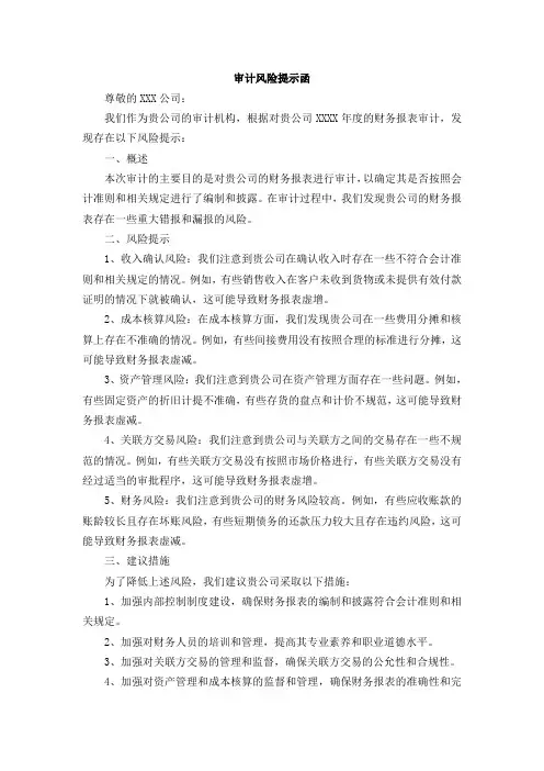 审计风险提示函的格式