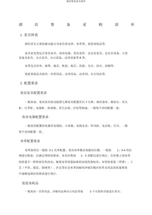 酒店筹备采购清单