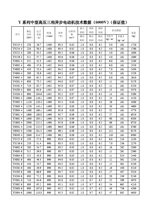 Y系列中型高压三相异步电动机技术数据(6000V)(保证值)