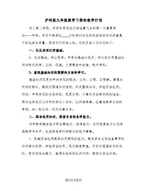 沪科版九年级数学下册的教学计划(三篇)