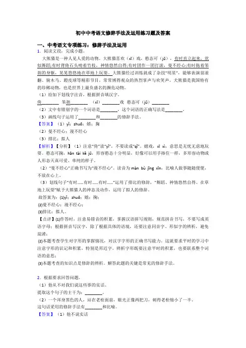 初中中考语文修辞手法及运用练习题及答案