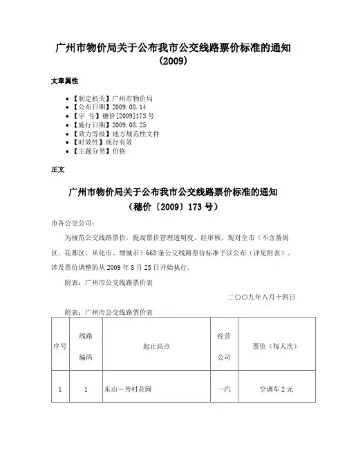 广州市物价局关于公布我市公交线路票价标准的通知(2009)
