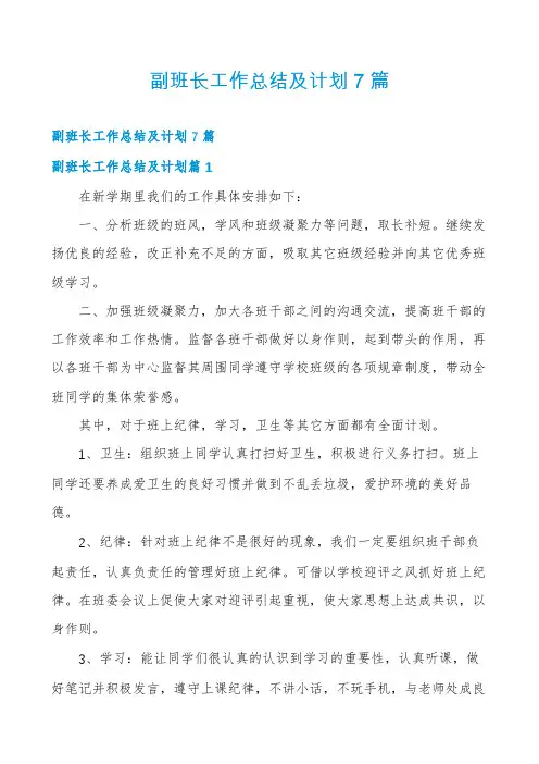 副班长工作总结及计划7篇