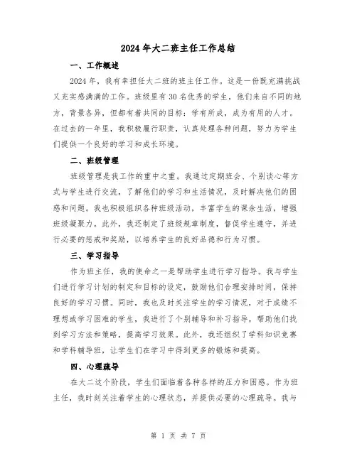2024年大二班主任工作总结(3篇)
