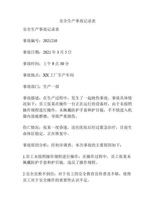 安全生产事故记录表