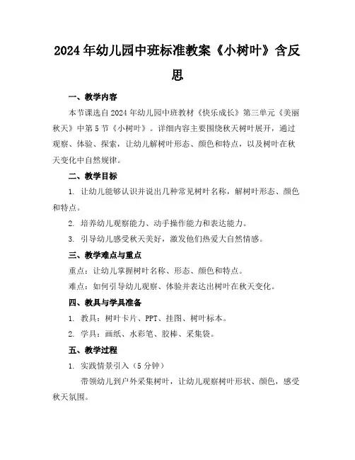 2024年幼儿园中班标准教案《小树叶》含反思