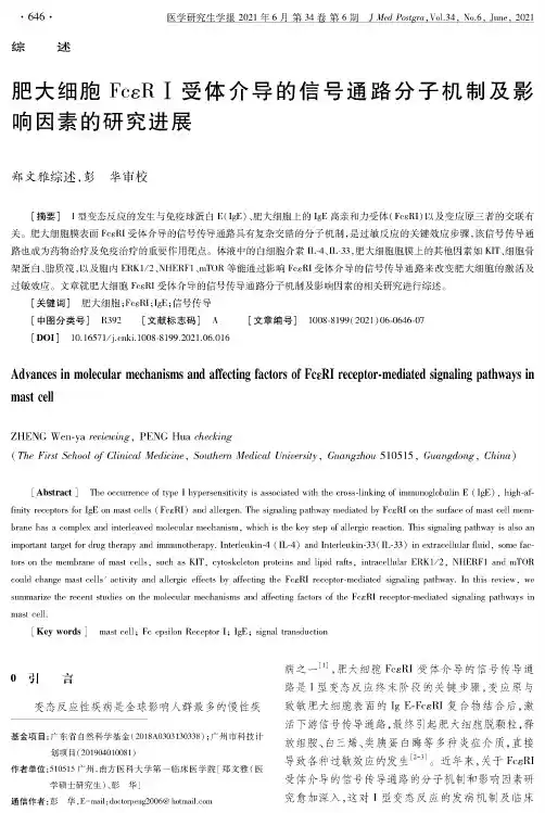 肥大细胞FcεRⅠ受体介导的信号通路分子机制及影响因素的研究进展