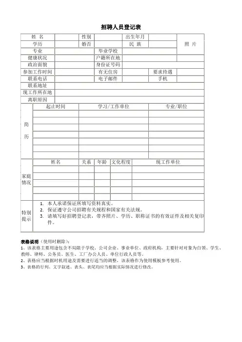招聘人员登记表