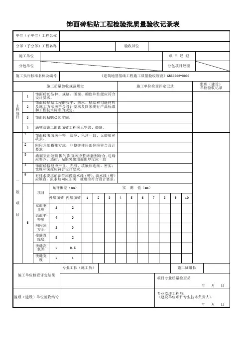 饰面砖粘贴工程检验批质量验收记录表