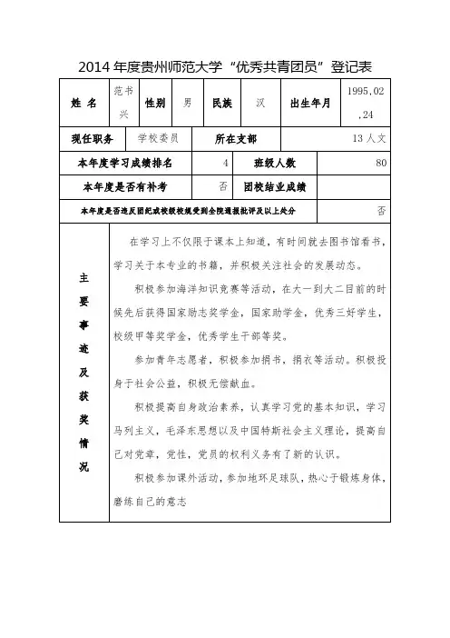 “优秀共青团员”登记表