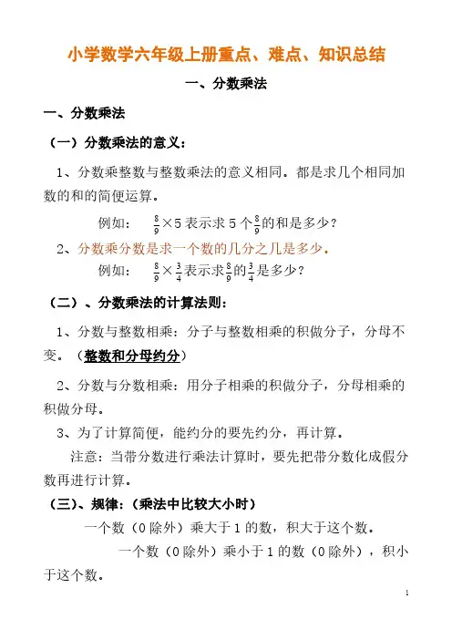 小学数学六年级上册重点、难点、知识总结