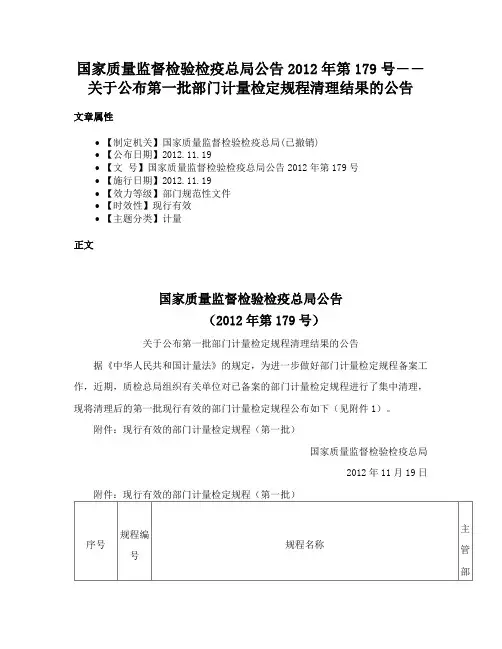 国家质量监督检验检疫总局公告2012年第179号――关于公布第一批部门计量检定规程清理结果的公告