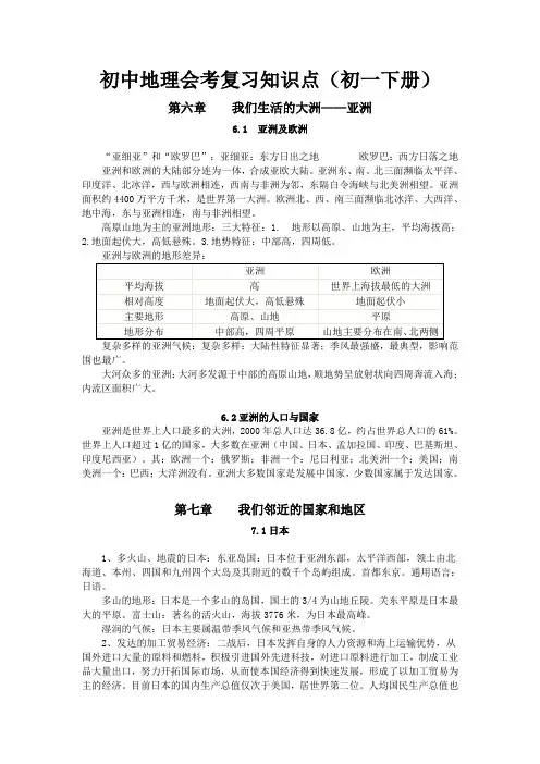 初中地理会考复习大纲(初一下册)