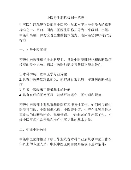 中医医生职称级别一览表