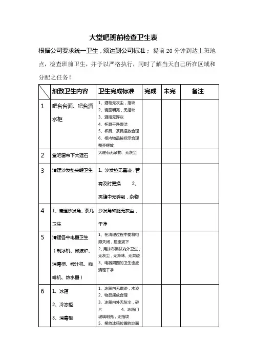大堂吧卫生检查表