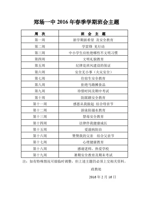 2016年春季每周班会主题