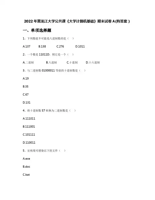 2022年黑龙江大学公共课《大学计算机基础》期末试卷A(有答案)