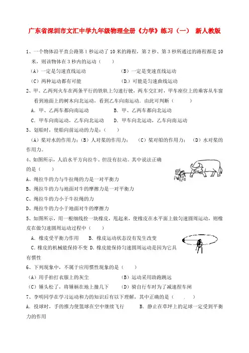 广东省深圳市文汇中学九年级物理全册《力学》练习(一)(无答案) 新人教版