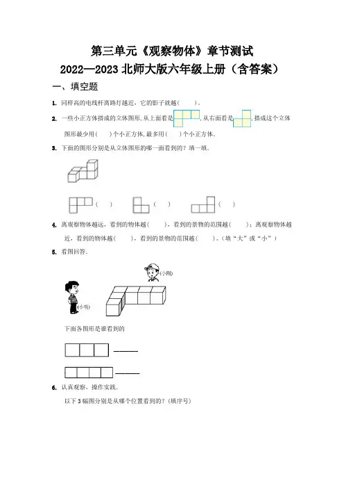 第三单元《观察物体》章节测试   2022—2023北师大版六年级上册(含答案)
