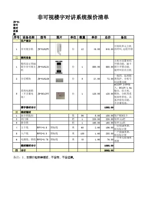 非可视楼宇对讲报价清单