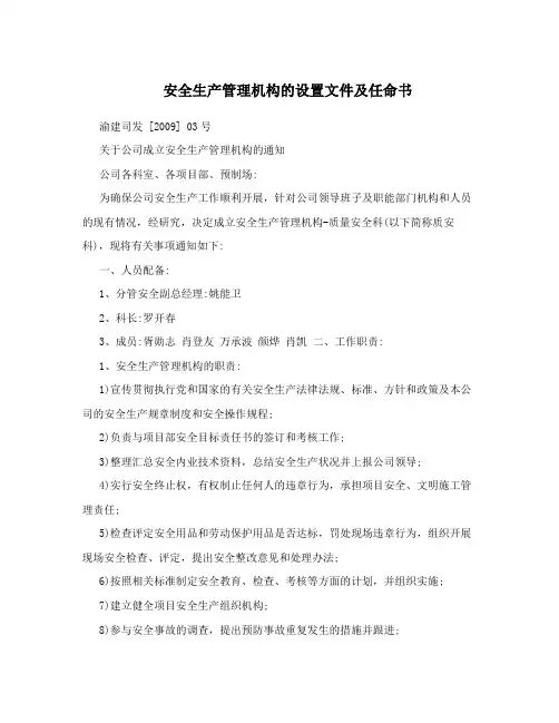 安全生产管理机构的设置文件及任命书