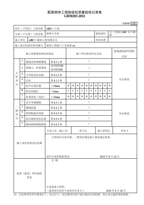 配筋砌体工程检验批质量验收记录表