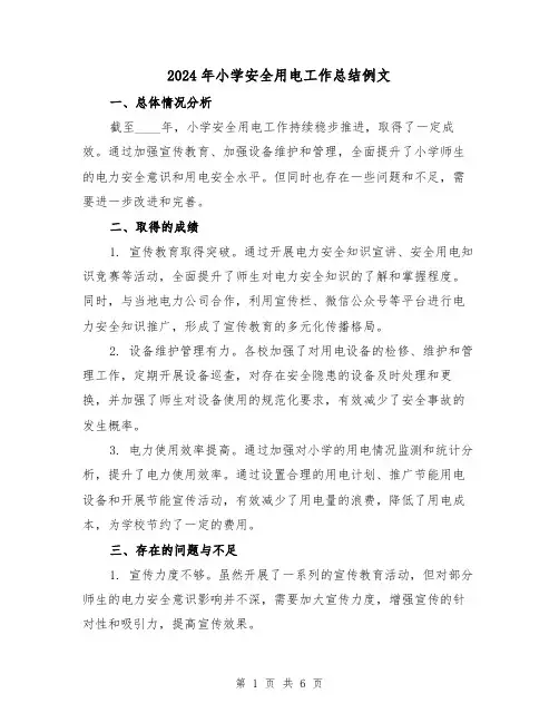 2024年小学安全用电工作总结例文（2篇）