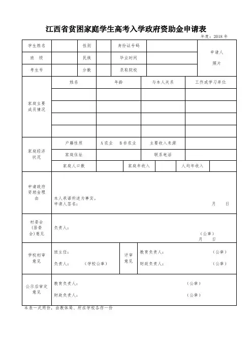 江西省贫困家庭学生高考入学政府资助金申请表2018版