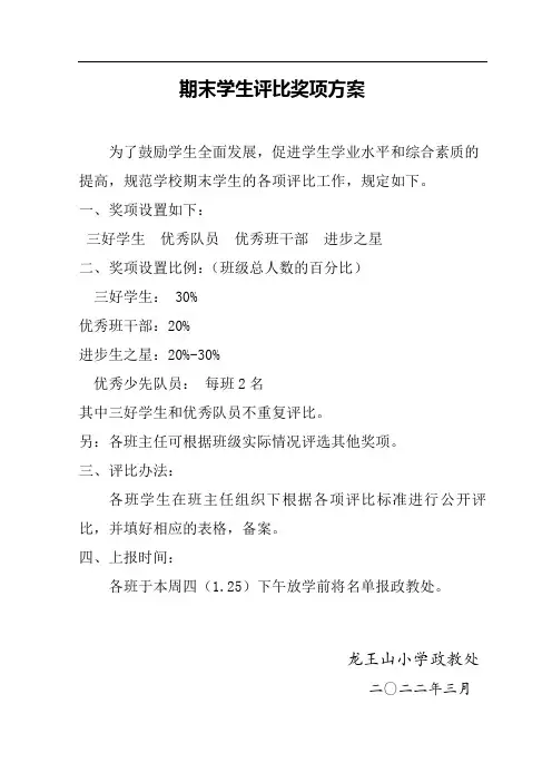 期末学生评比奖项方案