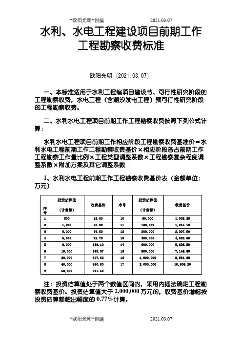 2021年水利水电设计费取费标准