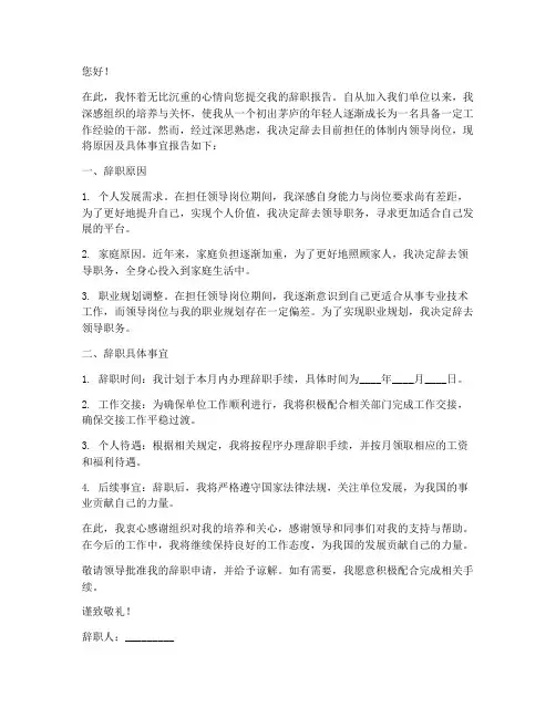 体制内领导岗位辞职报告
