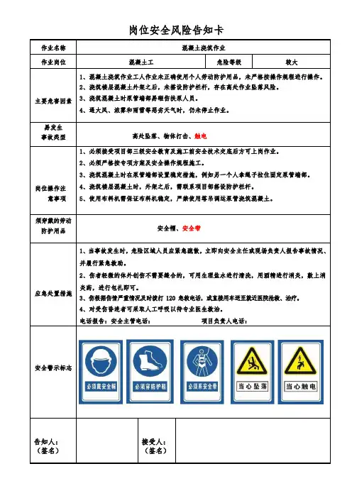 混凝土工岗位安全风险告知卡