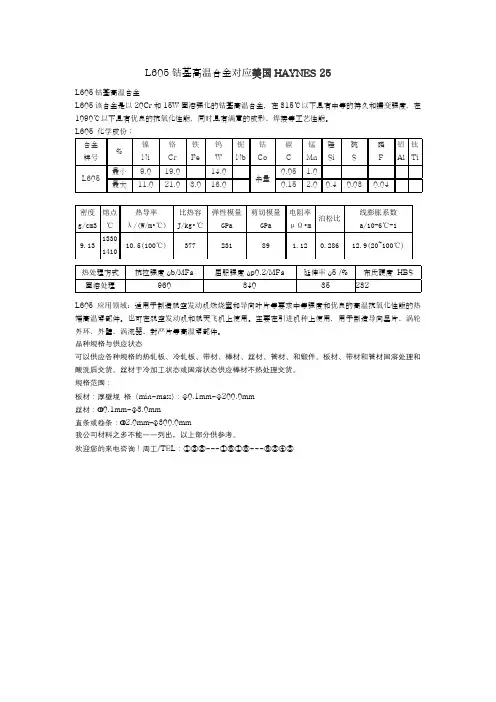 L605钴基高温合金对应美国HAYNES 25