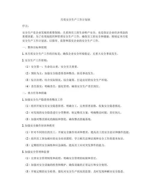 月度安全生产工作计划表