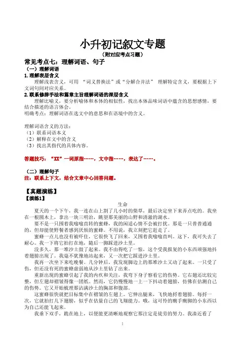 小升初记叙文专题——理解句子含义