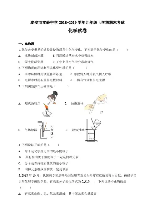 2018-2019学年泰安市九年级上学期期末考试化学试卷(含答案解析 两套)
