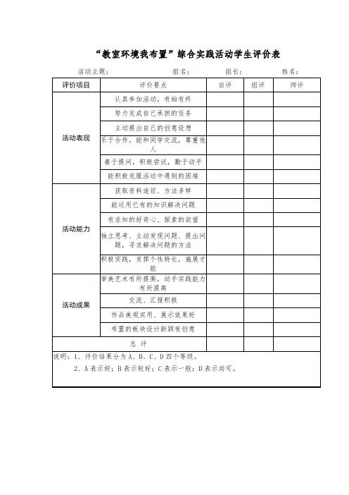 “教室环境我布置”综合实践活动学生评价表