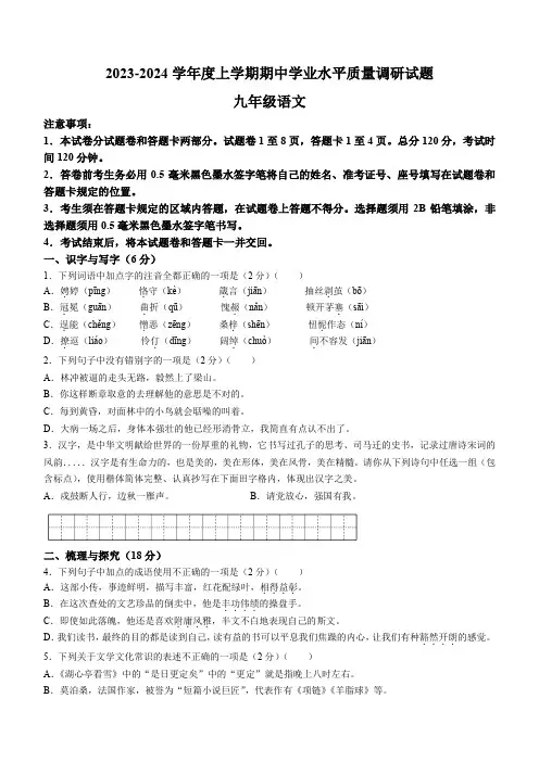 山东省临沂市河东区2023-2024学年九年级上学期期中考试语文试题