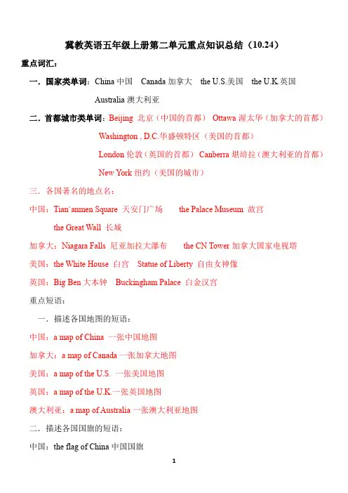 Unit2+Myspeaking+countries重点知识总结(素材)冀教版(三起)英语五年级上册