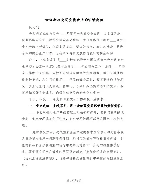 2024年在公司安委会上的讲话范例（二篇）