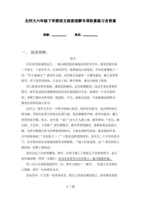 北师大六年级下学期语文阅读理解专项积累练习含答案