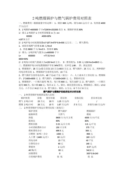 2吨燃煤锅炉与燃气锅炉费用对照表
