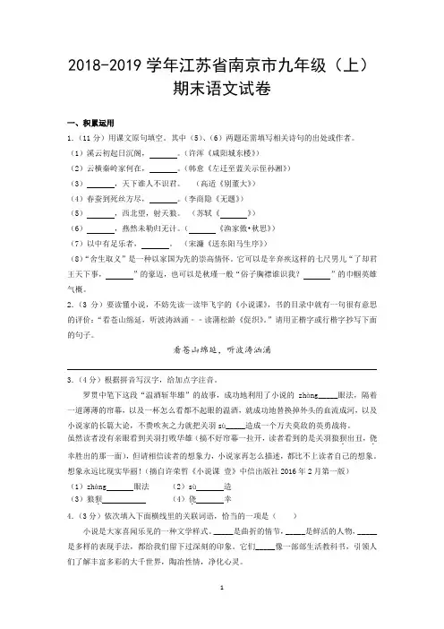 2018-2019学年江苏省南京市九年级(上)期末语文试卷