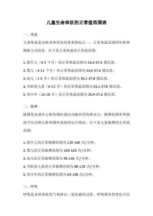 儿童生命体征的正常值范围表