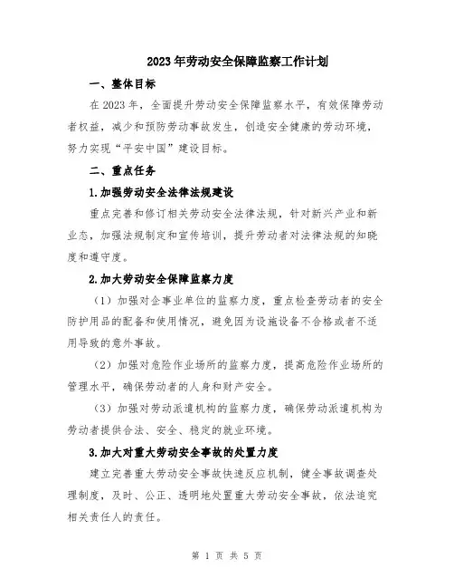 2023年劳动安全保障监察工作计划