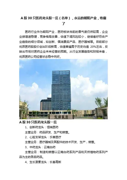 A股30只医药龙头股一览（名单），永远的朝阳产业，收藏了