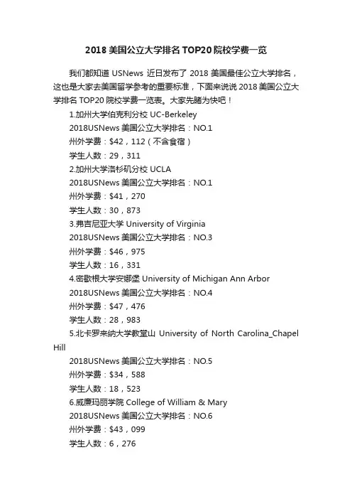 2018美国公立大学排名TOP20院校学费一览